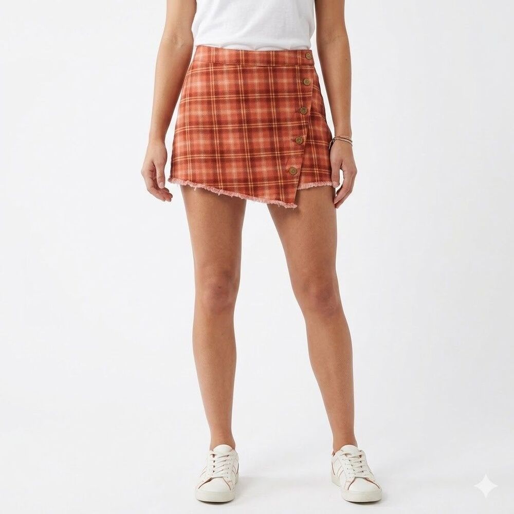 SO High Rise Mini Skirt Skort 13 / 31" Waist Orange Plaid New With Tags
